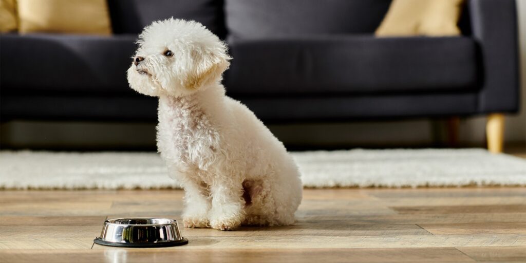 Alimentation premium pour chien et chat Chien blanc assis devant sa gamelle en inox, choix de la pâtée