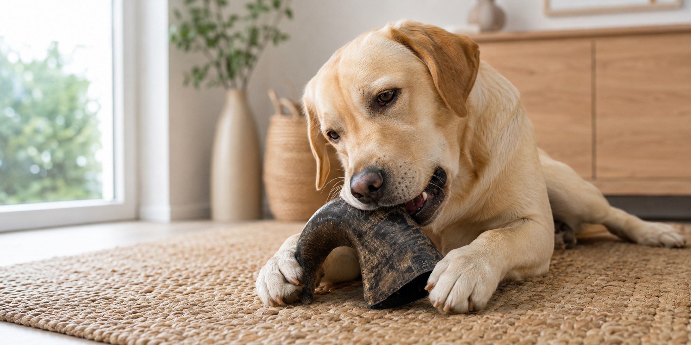 Labrador allongé qui mâche une corne de buffle