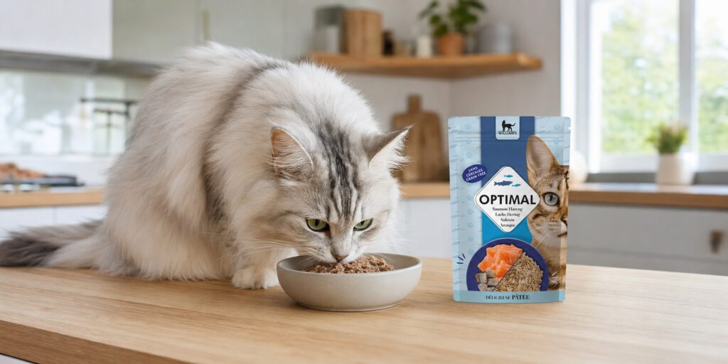 Alimentation premium pour chien et chat Chat qui mange à côté d'un sachet William's saumon et hareng