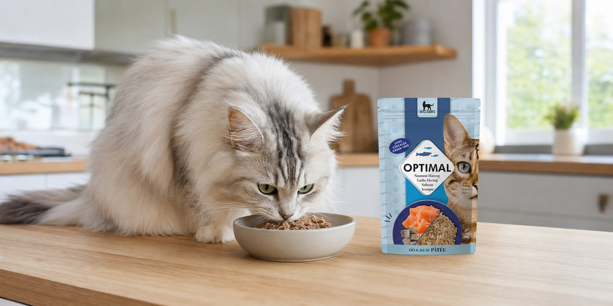Chat qui mange à côté d'un sachet William's saumon et hareng