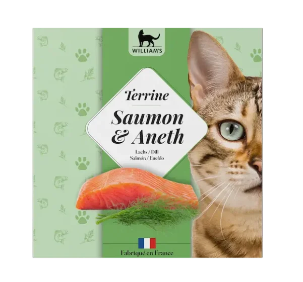 Terrine de William's pour chat, saveur saumon et aneth, naturelle et sans céréales, une alimentation produite et fabriquée en France, en Isère.