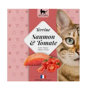 Terrine de William's pour chat, saveur saumon et tomate, naturelle et sans céréales, une alimentation produite et fabriquée en France, en Isère.