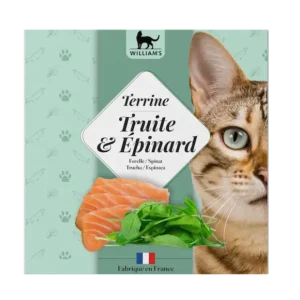 Terrine de William's pour chat, saveur truite et épinard, naturelle et sans céréales, une alimentation produite et fabriquée en France, en Isère.