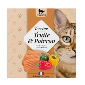 Terrine de William's pour chat, saveur truite et poivron, naturelle et sans céréales, une alimentation produite et fabriquée en France, en Isère.