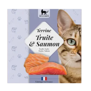 Terrine de William's pour chat, saveur truite et saumon, naturelle et sans céréales, une alimentation produite et fabriquée en France, en Isère.